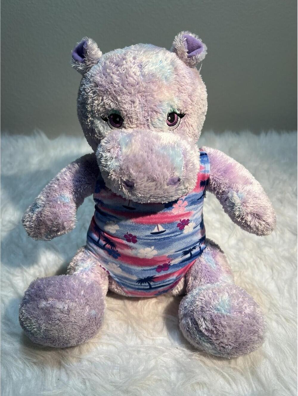 Build-A-Bear Workshop "Hip Hippo" purple and blue tie-dye plush W/ Bathing Suit